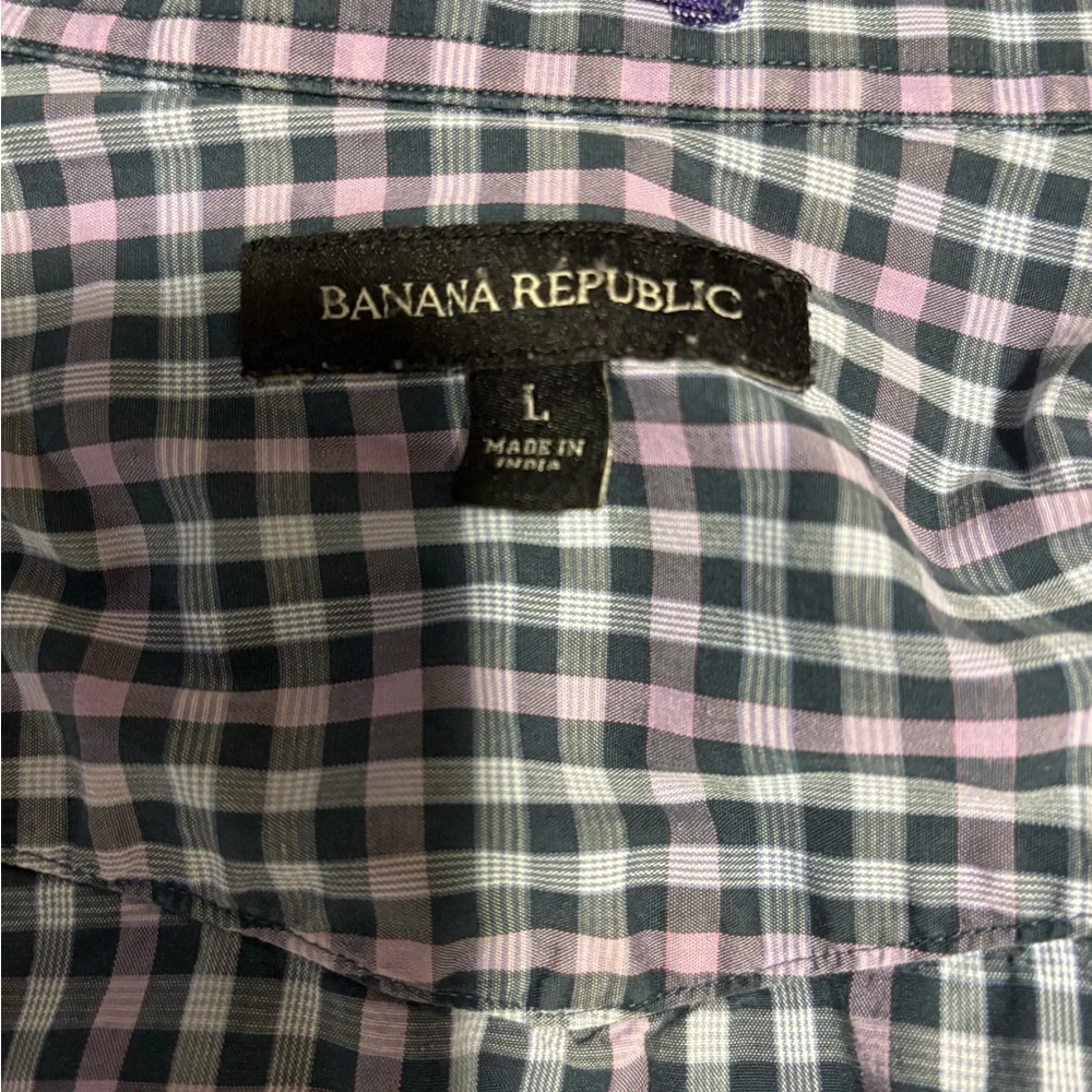 Banana Republic‎ Purple Gray Check Pearl Snap Pockets. Button Down Shirt. Large